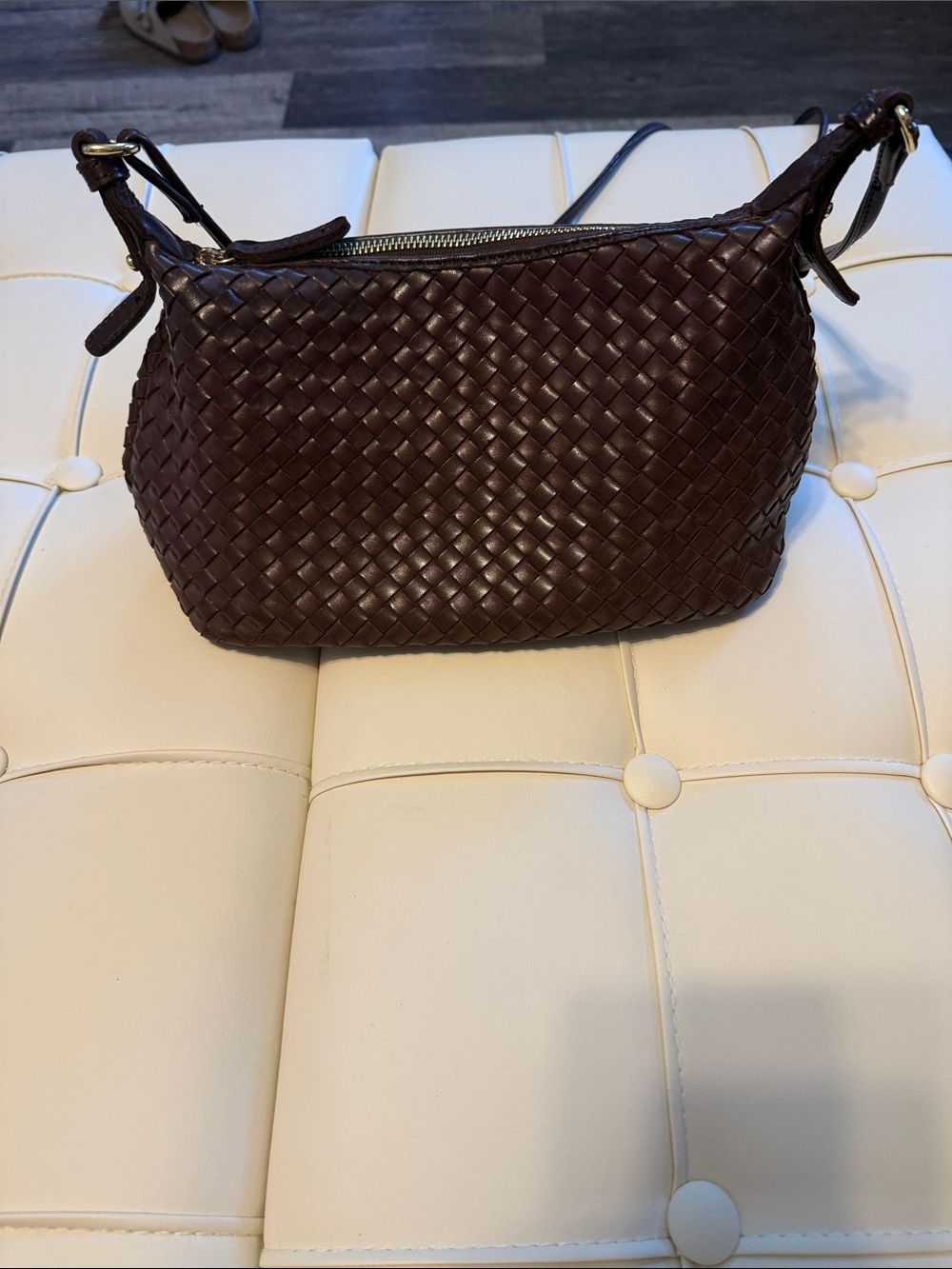 Margot Woven Leather Shoulder Bag in Dark Brown